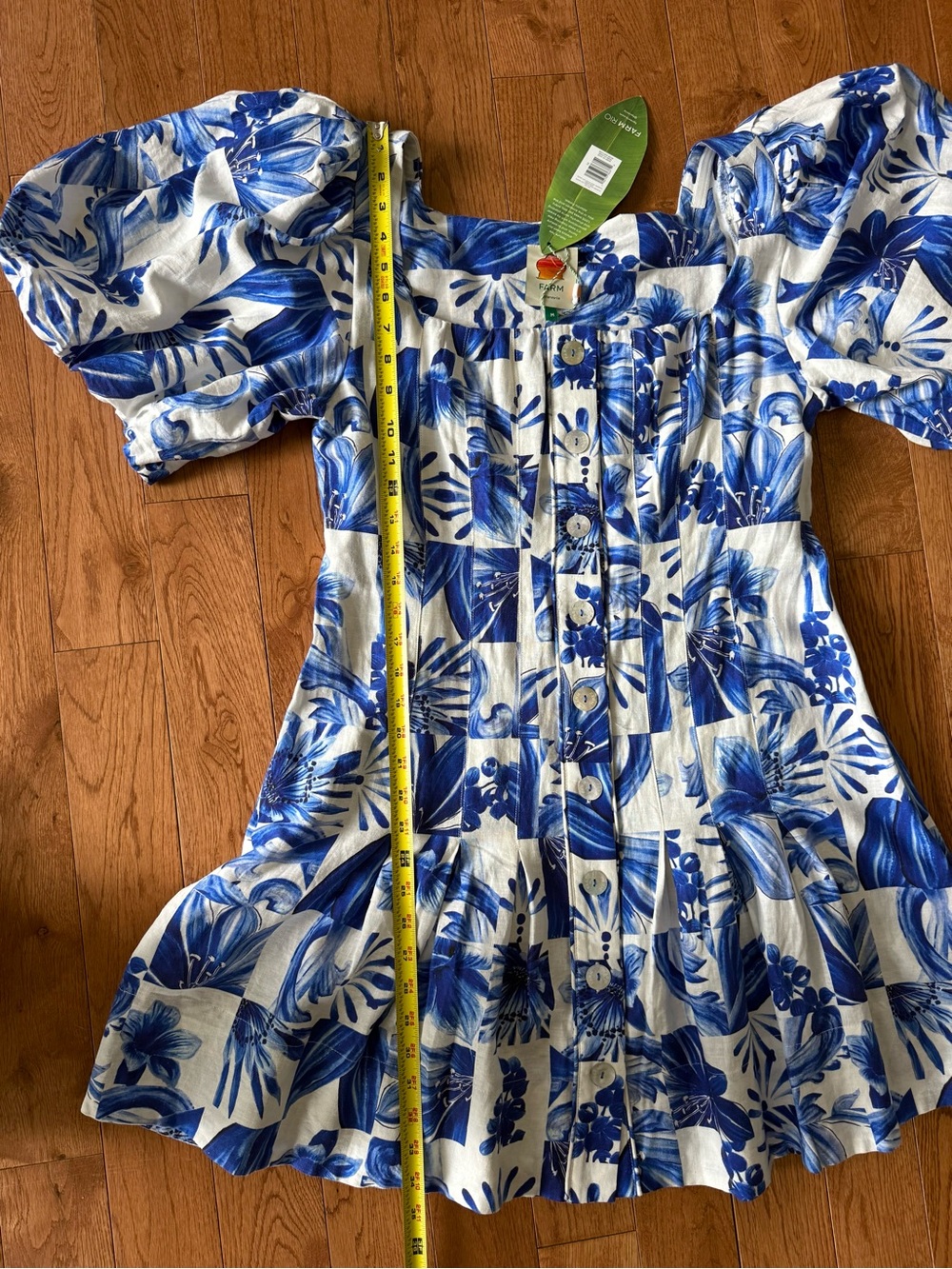 Farm Rio Garden tiles plaid off-white mini dress linen, size medium NWT - Picture 12 of 13